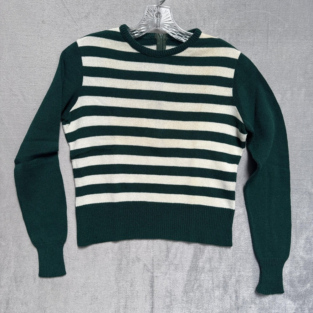Lai Sweater Womens 12 Green Striped Crew Neck Knit Pullover Back Zip Stretch